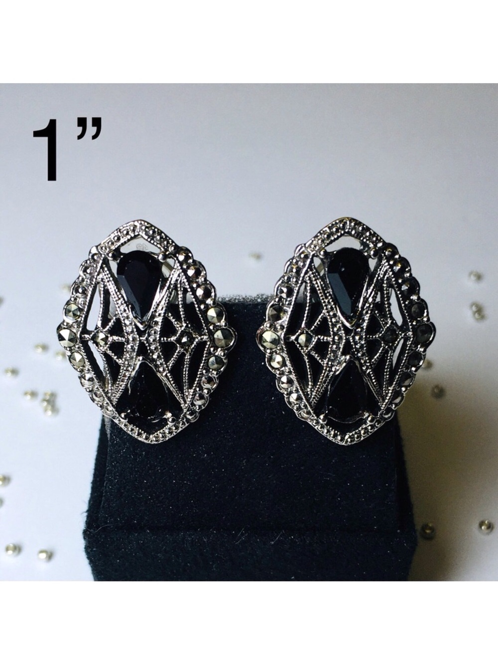 Vintage Edwardian Style Openwork Marcasite & Black Rhinestones Dama Earrings